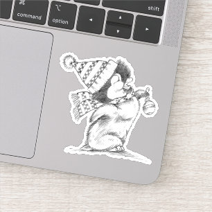 Pegatina Lindo pingüino retro de Navidad con sombrero y buf