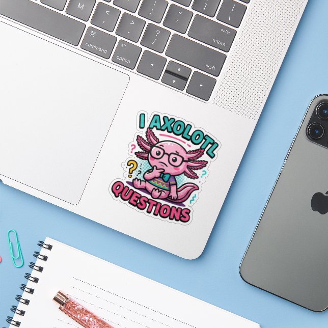 Pegatina Lindo Preguntas de Ajolote nerd azteca con gafas (Ordenado portátil con iPhone)
