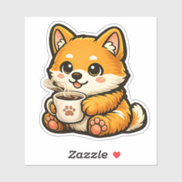 Pegatina Lindo Shiba Inu con Café – Ilustración de Perro Ac