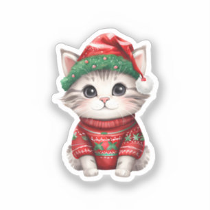 Pegatina Línea festiva: gato bonito vestido de Navidades