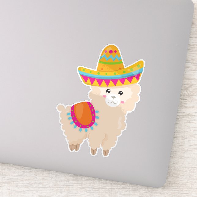 Pegatina Llama mexicana, llamada cuta, alpaca cuta, sombrer (Detalle)