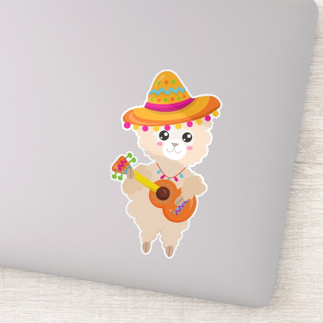Pegatina Llama mexicana, llamada cuta, sombrero, guitarra (Detalle)