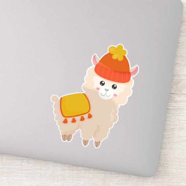 Pegatina Llama otoñal, Cute Llama, Alpaca, Llama Con Gorra (Detalle)