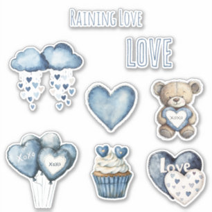 Pegatina Lluvia de Amor Nubes Azules Corazones Globos Cupca