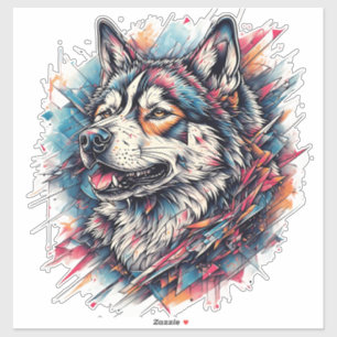 Pegatina Lobo con elementos geométricos y colores vibrantes