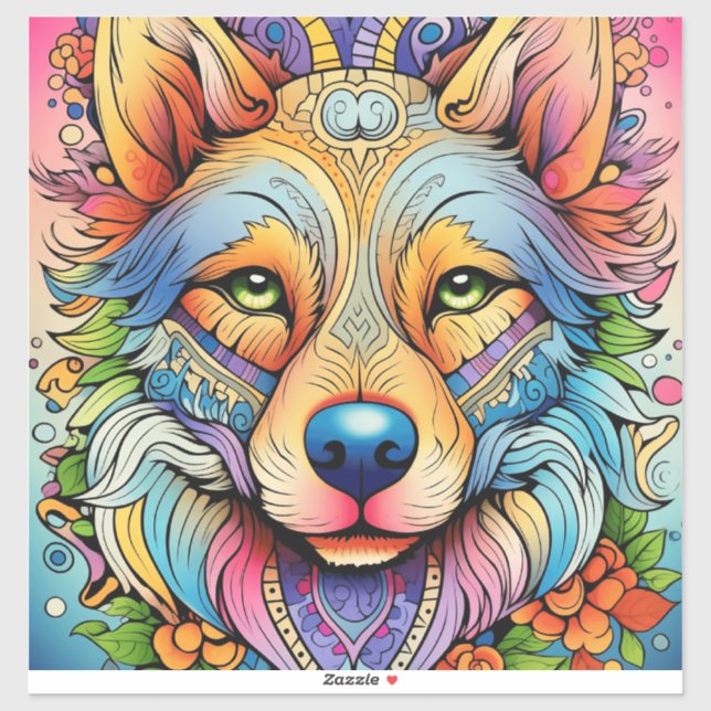 Pegatina Lobo Mandala con Acentos Florales (Hoja)