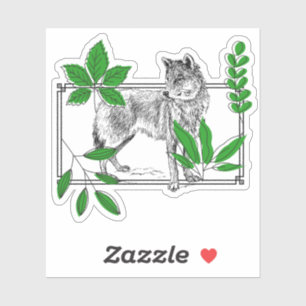 Pegatina Lobo Salvaje y Hojas Verdes - Arte de la Naturalez