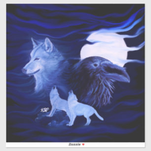 Pegatina Lobos y cuervo con luna llena