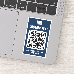Pegatina logotipo personalizado, código QR y texto azul y b