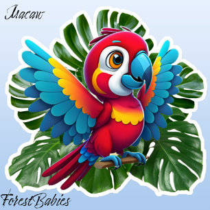 Pegatina Loro de Macaw 🌴 Ave Tropical, follaje de Monstera