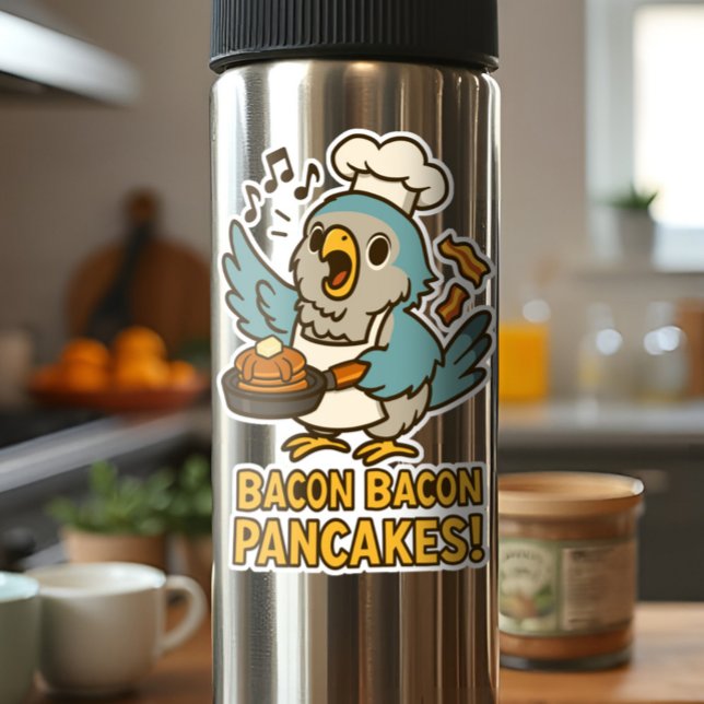 Pegatina Loro Quaker Divertido Chef Cantando Panqueques de  (Sassy pancake-flipping parrot sticker; breakfast chaos with a cause! 🥞🦜💚 Singing Bacon Pancakes)
