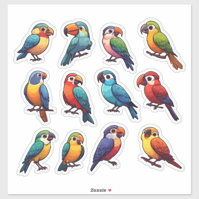 Pegatina Loros Tropicales Lindos Pájaros de Dibujos Animado (Hoja)