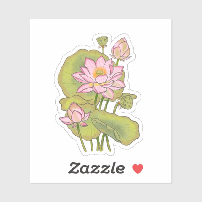 Pegatina Lotus rosa tradicional pintado a mano (Hoja)