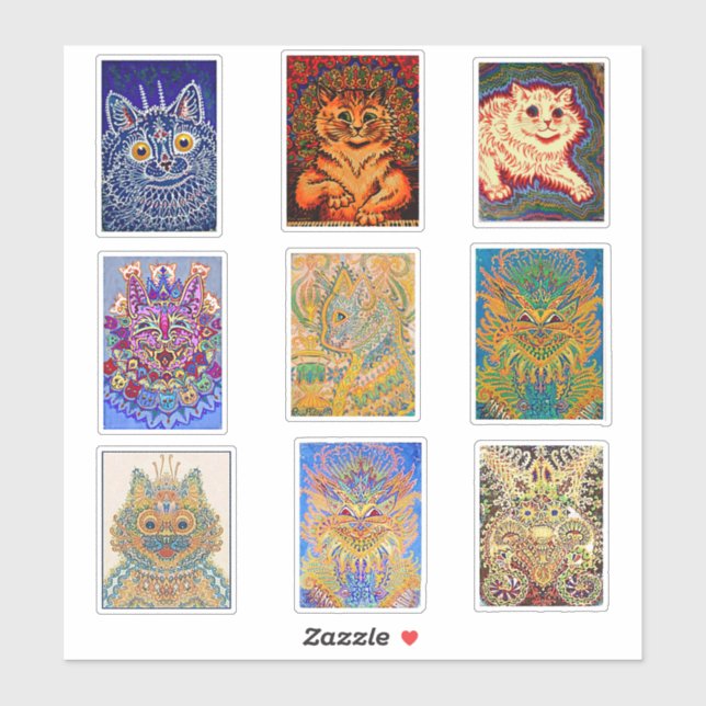 Pegatina Louis Wain, 9 Pinturas Psicodélicas De Gatos, (Hoja)
