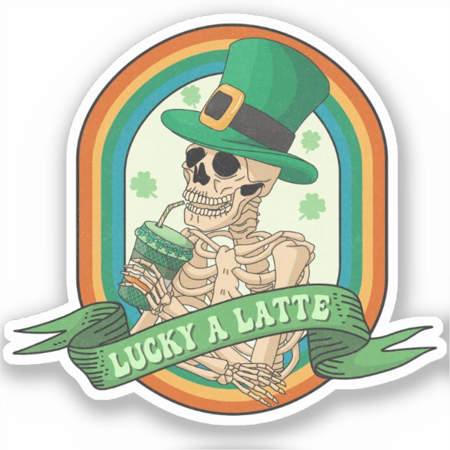 Pegatina Lucky A Latte - Skeleton, Café y Clovers (Anverso)