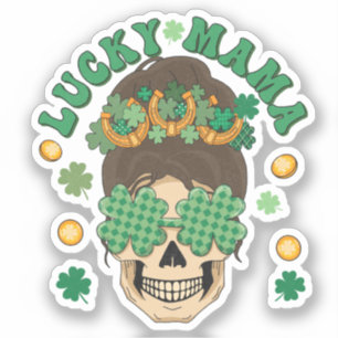 Pegatina Lucky Mama Skeleton con Clovers y Horseshoes
