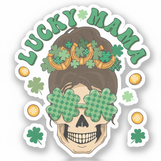 Pegatina Lucky Mama Skeleton con Clovers y Horseshoes (Anverso)