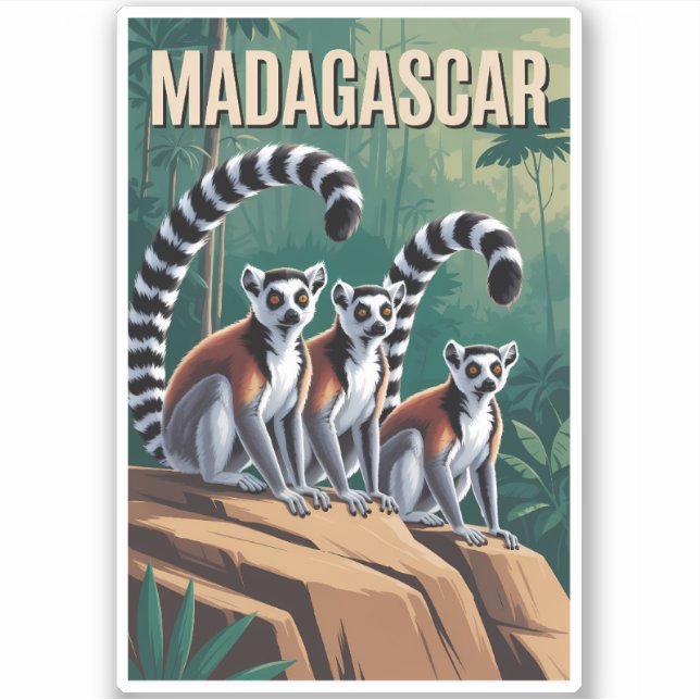Pegatina Madagascar Lemurs Illustration Travel Art Vintage (Anverso)