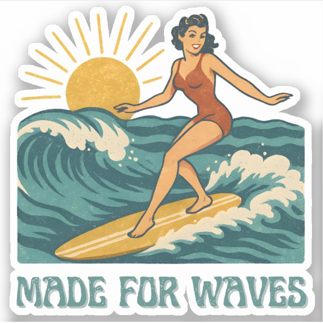 Pegatina Made For Waves Surfer - Retro Surfing Pin-Up Art (Anverso)