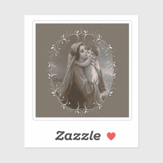 Pegatina Madonna vintage y niño con marco plateado (Hoja)