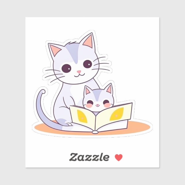 Pegatina Madre gata leyendo su gatito (Hoja)