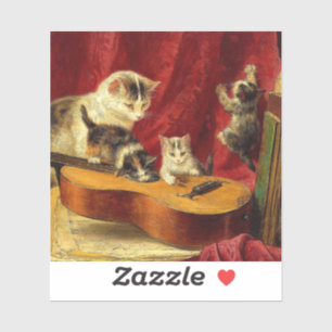 Pegatina Madre gata y gatitos jugando con guitarra