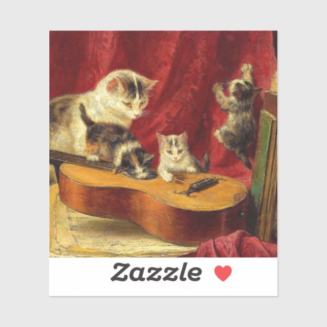 Pegatina Madre gata y gatitos jugando con guitarra (Hoja)