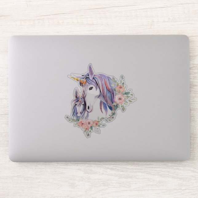 Pegatina Magnífica unicornio, mamá y bebé acuarela (Ordenador)