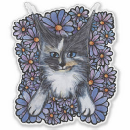 Pegatina Maine Coon Dilute Calico Cat Purple Daisy
