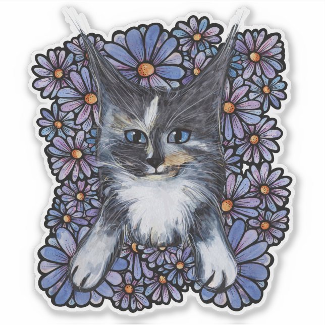 Pegatina Maine Coon Dilute Calico Cat Purple Daisy (Anverso)