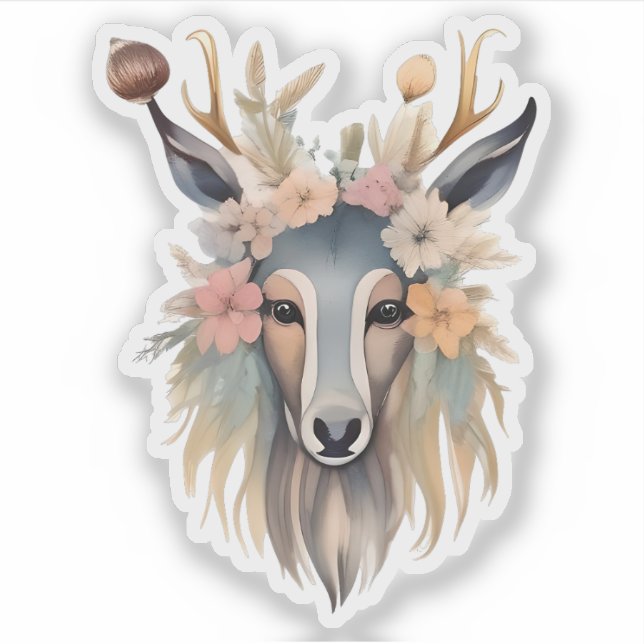 Pegatina Majestad Floral: ciervo con flores y plumas (Anverso)