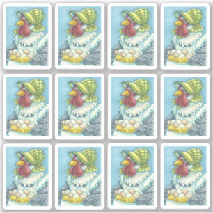 PEGATINA MAMÁ GALLINA CUQUITA CON GORRO SOSTENIENDO HUEVOS 