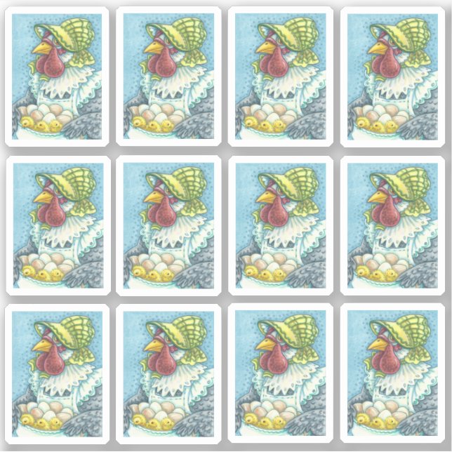 PEGATINA MAMÁ GALLINA CUQUITA CON GORRO SOSTENIENDO HUEVOS  (Anverso)