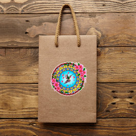 Pegatina Mandala colorida con pájaro zumbido y flor rosa