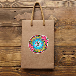 Pegatina Mandala colorida con pájaro zumbido y flor rosa