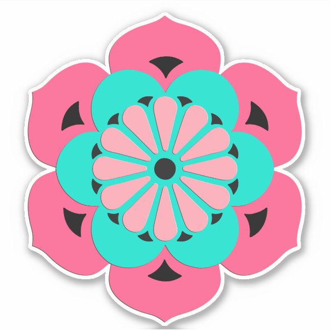 Pegatina Mandala de flores Lotus, rosa coral y turquesa (Anverso)