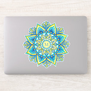 Pegatina Mandala floral Monograma azul turquesa amarillo