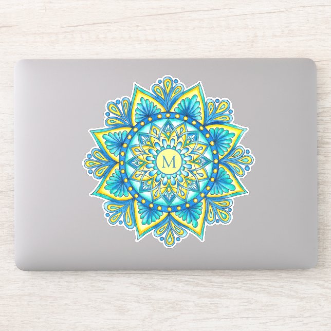 Pegatina Mandala floral Monograma azul turquesa amarillo (Ordenador)