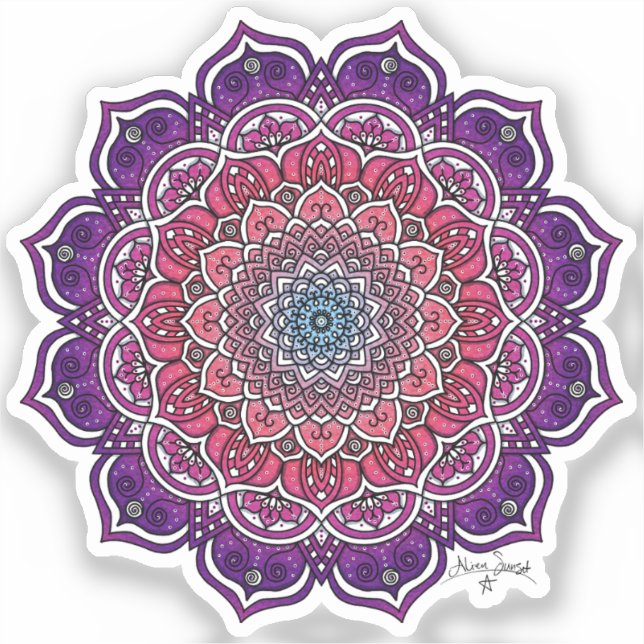 Pegatina Mandala floral morado-rosada (Anverso)