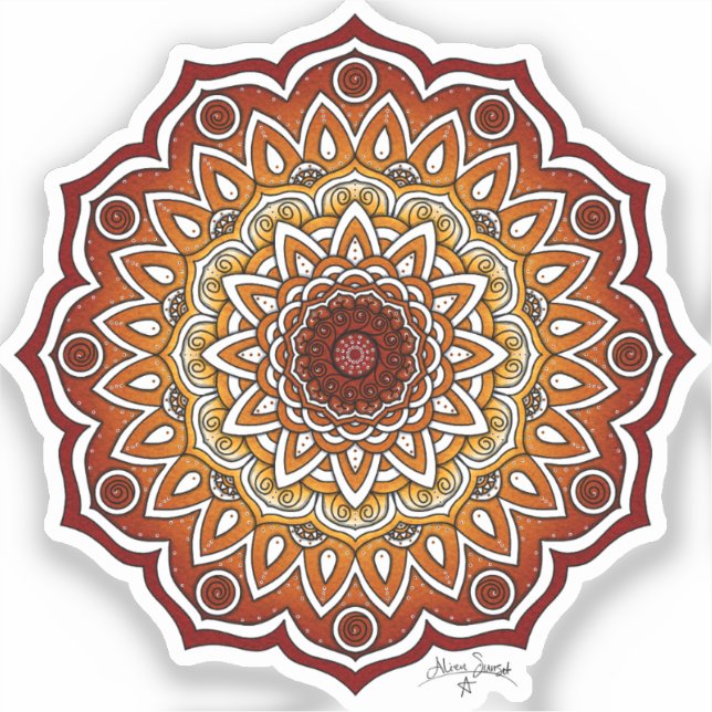 Pegatina Mandala naranja y marrón espiral y floral (Anverso)