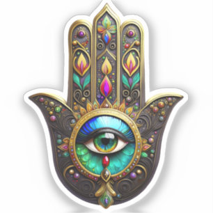 Pegatina Mano de Hamsa Dorada Marrón Colorida Arcoíris Terc