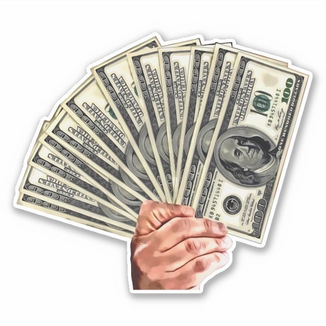 Pegatina mano sujetando billetes de cien dólares arte monet (Anverso)