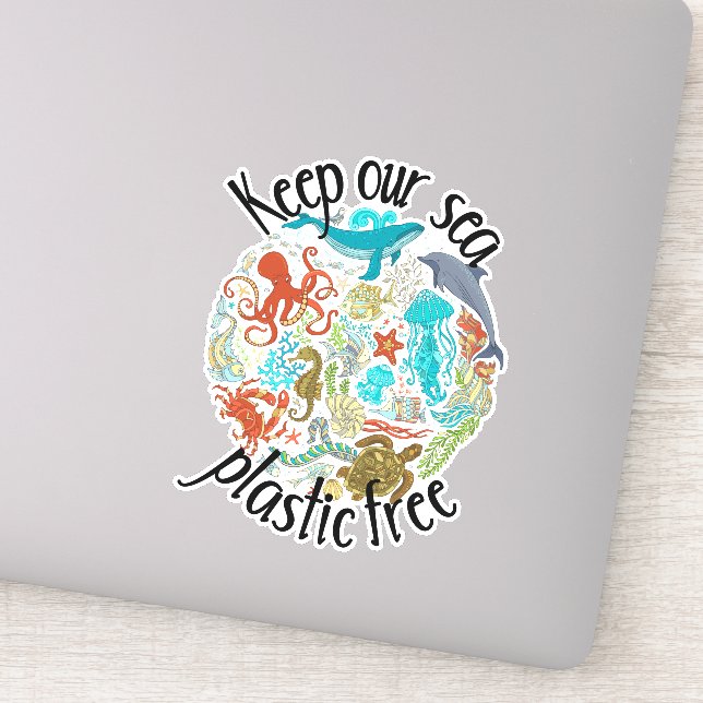 Pegatina Mantenga Nuestra Ballena Tortuga Libre de Plástico (Detalle)