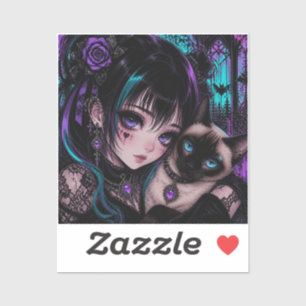 Pegatina Manteniéndose en contacto   Chica Anime y Gato