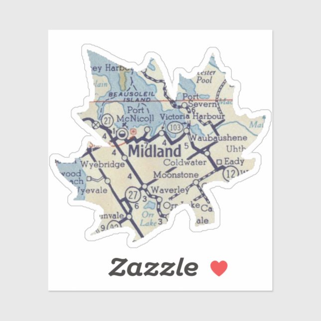 Pegatina Mapa de cosecha de Midland ON Vintage (Hoja)