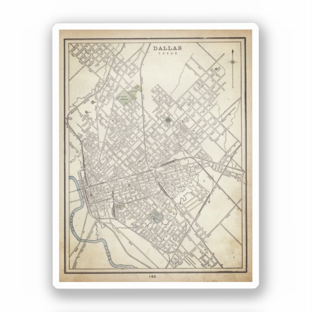 Pegatina Mapa de época de Dallas, TX (1890) (Anverso)