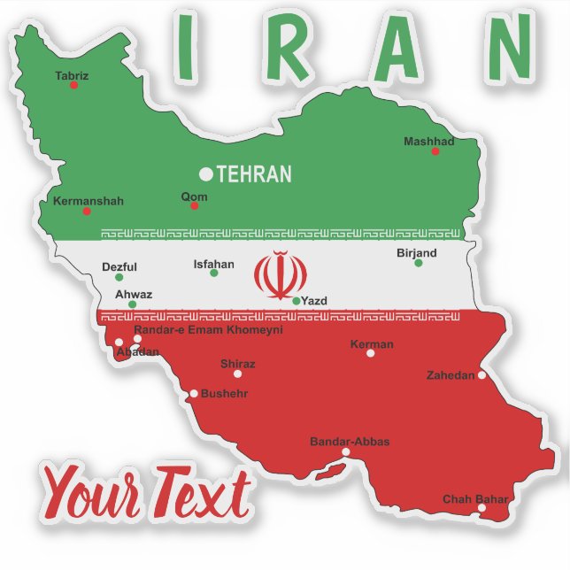 Pegatina Mapa de Irán con bandera y emblema (Anverso)