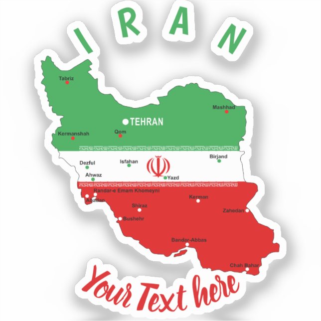 Pegatina Mapa de Irán con bandera y emblema (Anverso)