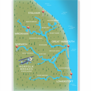 Pegatina Mapa de Norfolk Broads Inglaterra.
