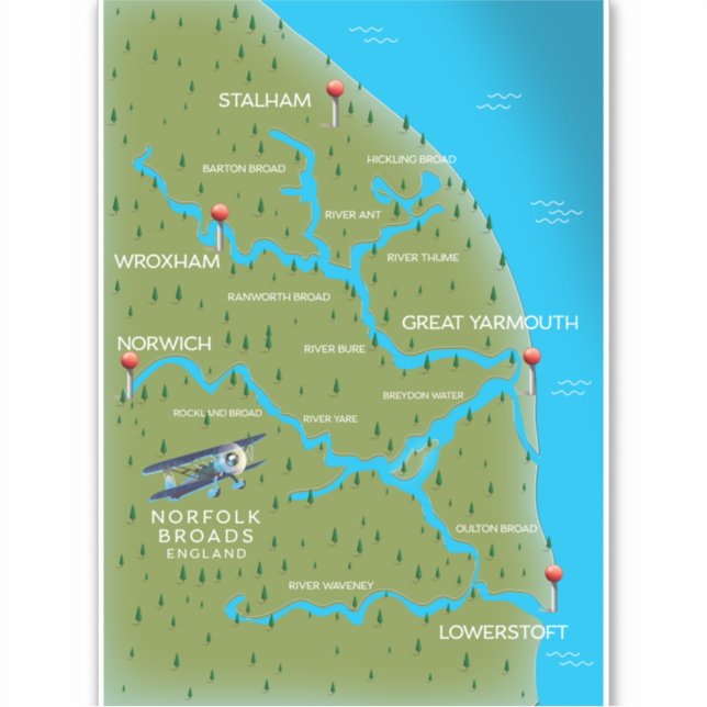 Pegatina Mapa de Norfolk Broads Inglaterra. (Anverso)